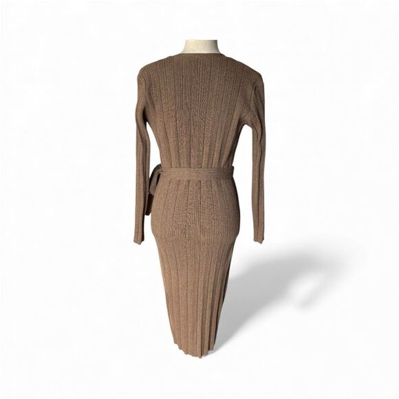 Frank & Oak Tan Brown Organic Ribbed Button down Midi Sweater Dress Belted - Picture 2 of 7